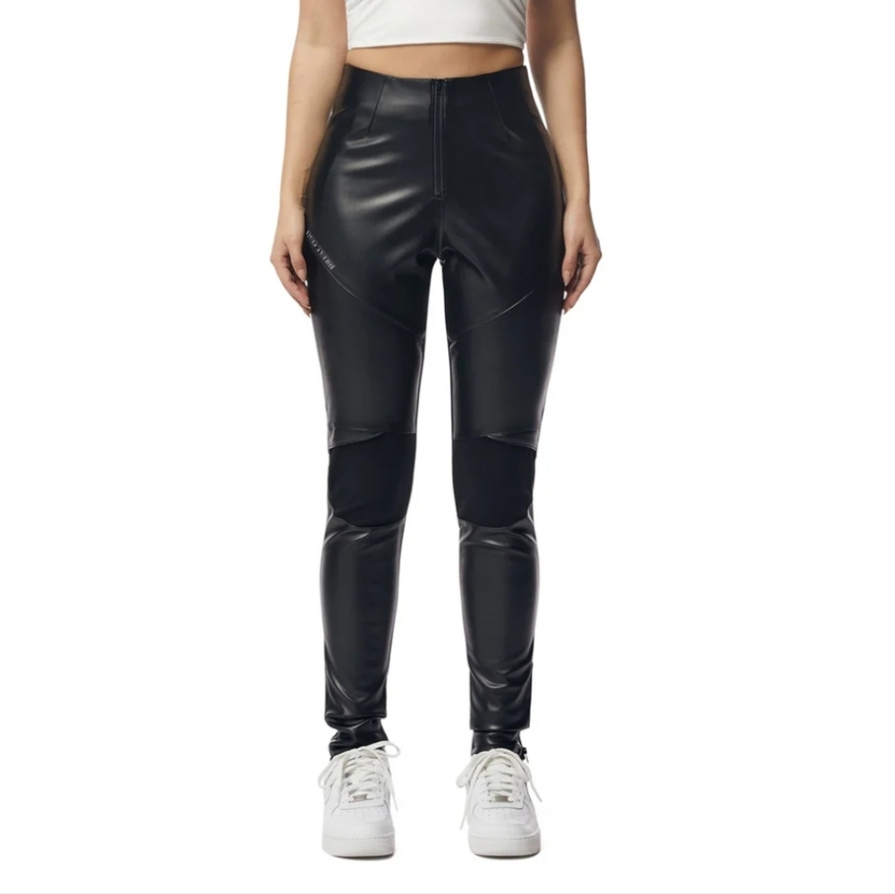 NWT Smoke Rise "Red"‎ Black Vegan Leather Racing Pant Leggings. Size M